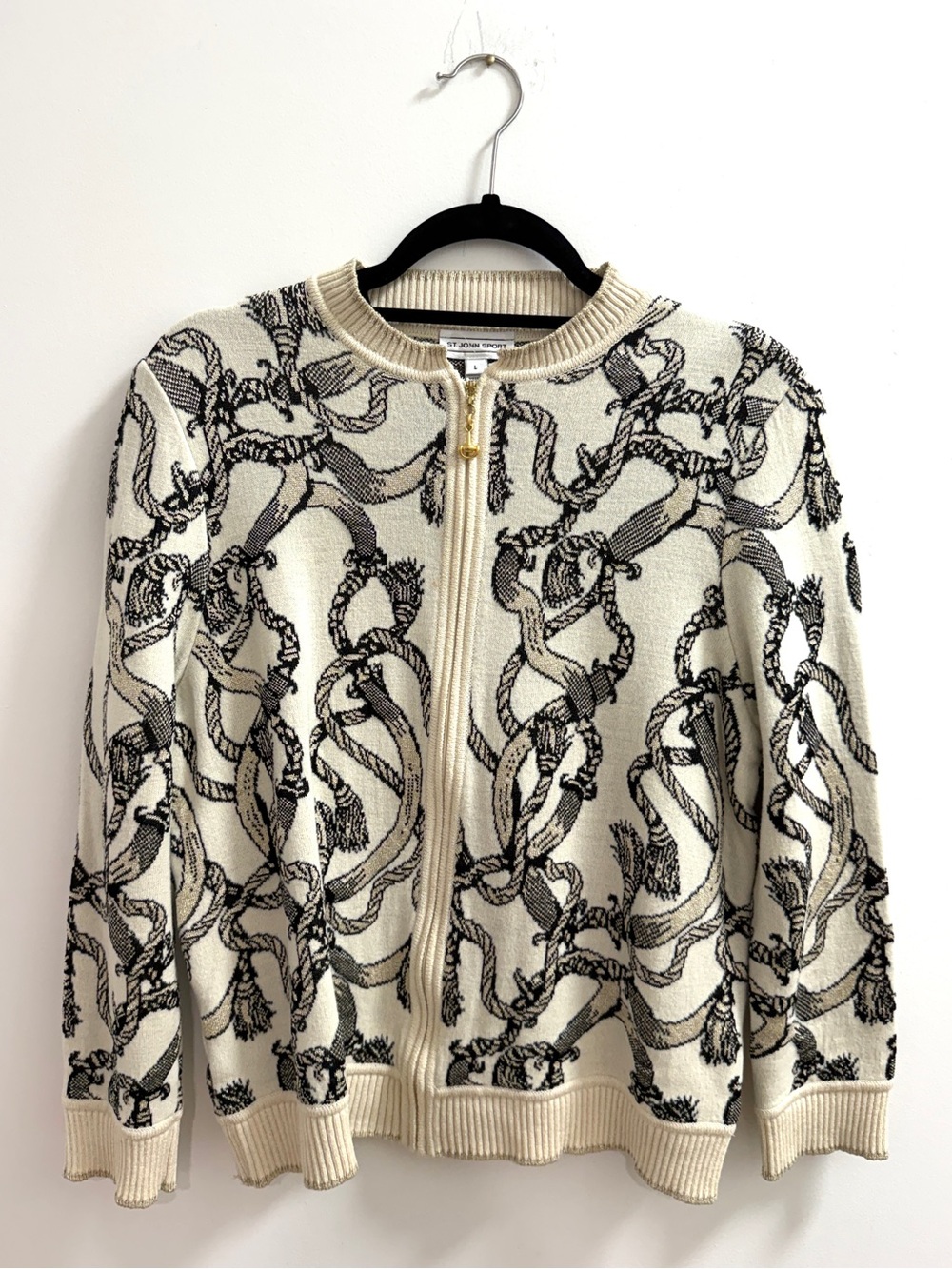 St. John Vintage Cream and Black Knit Sweater with Gold Zipper